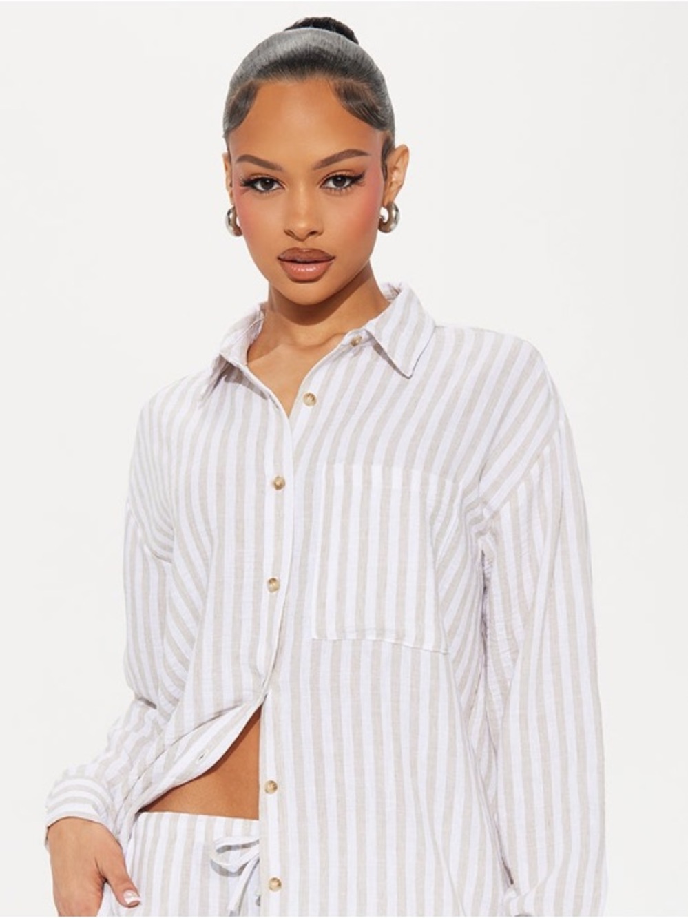 Fashion Nova: Amina Striped Linen Pant Set - Taupe